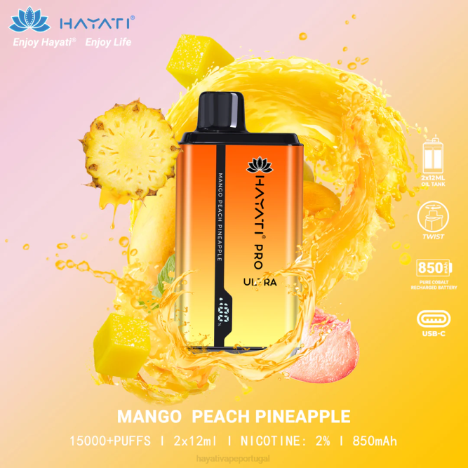 Hayati Pro Ultra 15.000 baforadas descartáveis - JR6H204 Hayati Vape Flavours manga pêssego abacaxi