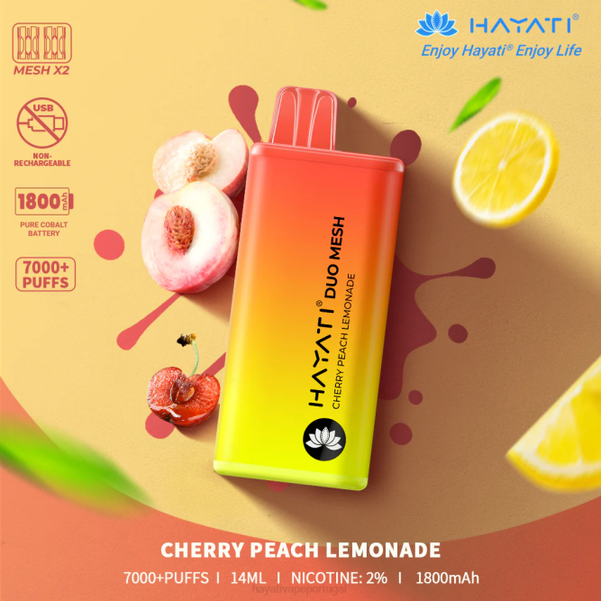 Hayati Duo Mesh descartável - JR6H168 Hayati Vape Near Me limonada de cereja e pêssego