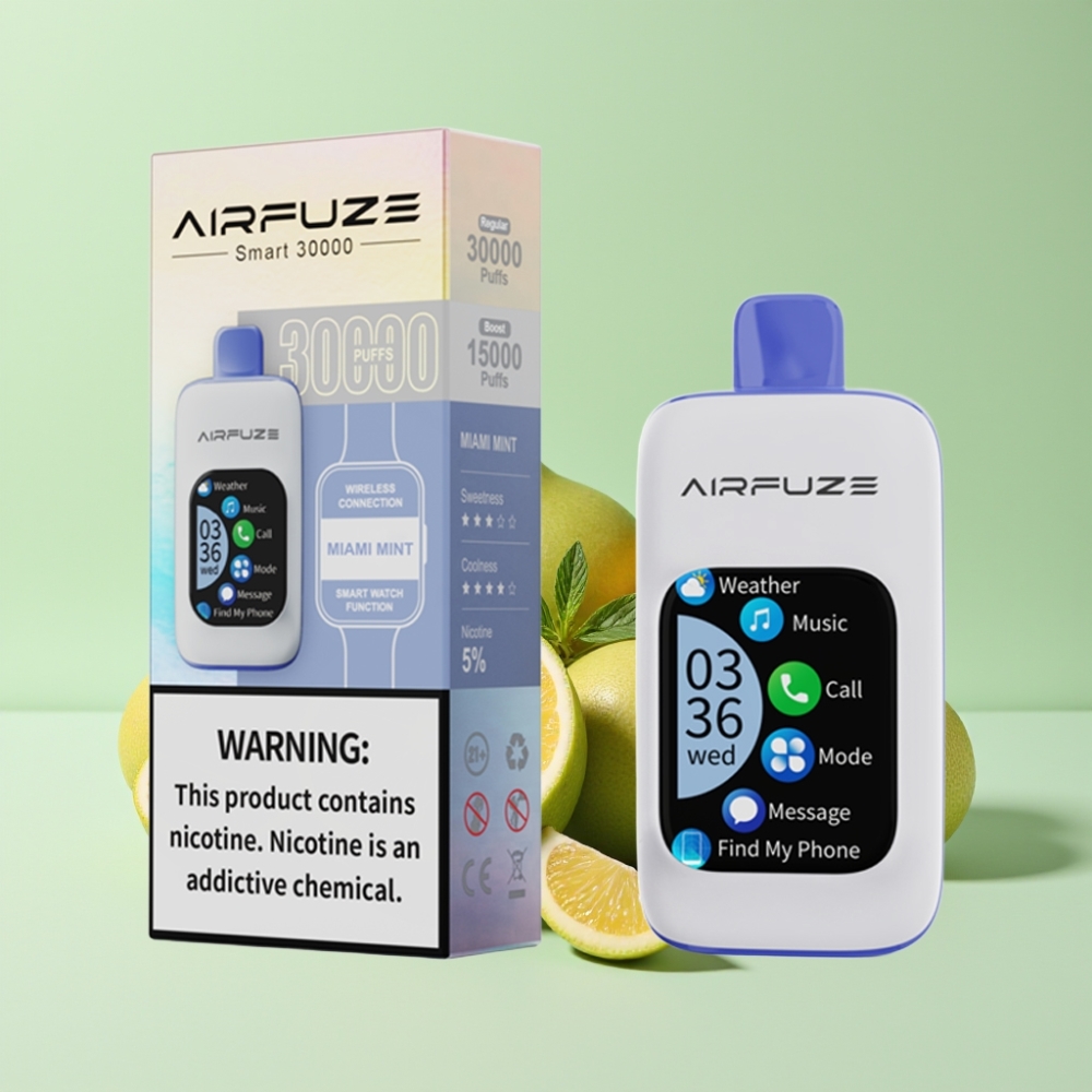 AirFuze Smart 30000 Puffs Pod Descartável Miami Menta, Tela Tátil, Tipo-C, 5% Nic